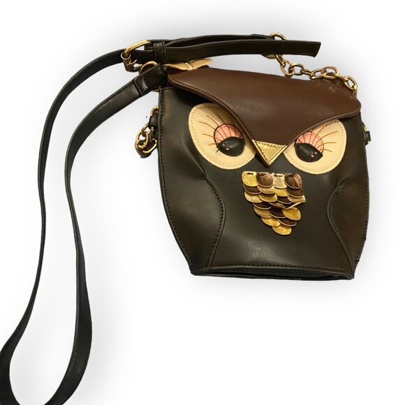 Owl Purse Cross Body Handbag Adjustable Strap Black & Brown Embellished - Picture 3 of 6